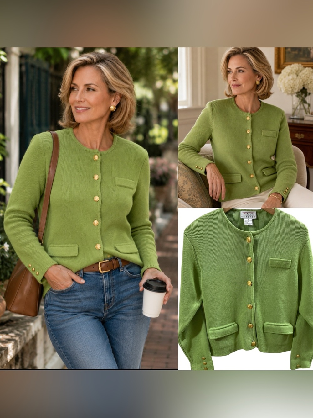 Talbots Petites Green Cotton Cardigan Sweater Gold Buttons Preppy Old Money PM